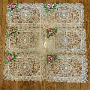 Vintage Place Matts Floral Art Open Lace Look MCM Pink Roses Set of 6 #M1